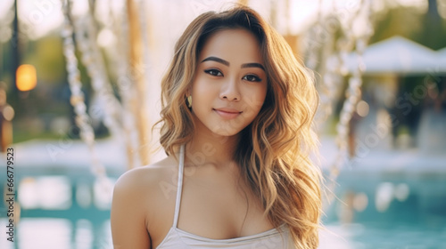 Young Asian woman with blon...