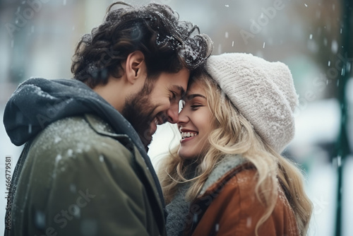 couple in love in a good mood in winter, Christmas and new year concept
