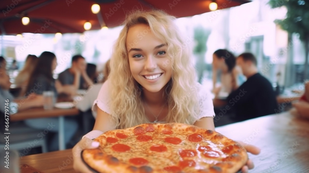 Young blonde woman enjoying pepperoni pizza in bustling restaurant