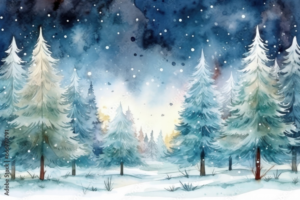 fairytale christmas forest in a watercolor scene, new year landscape