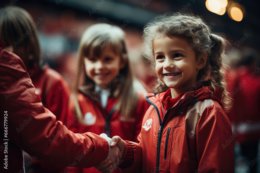 Children shaking hands and greet each other after sport game. - obrazy, fototapety, plakaty 