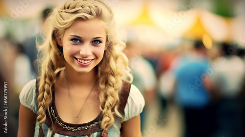 Oktoberfest, happy young blonde woman with blue eyes, smiling in brown dress and braids