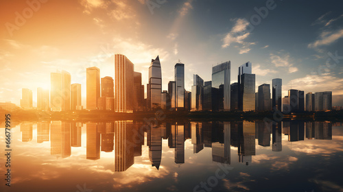A city skyline with skyscrapers illuminated by the first rays of the sun reflecting off windows.