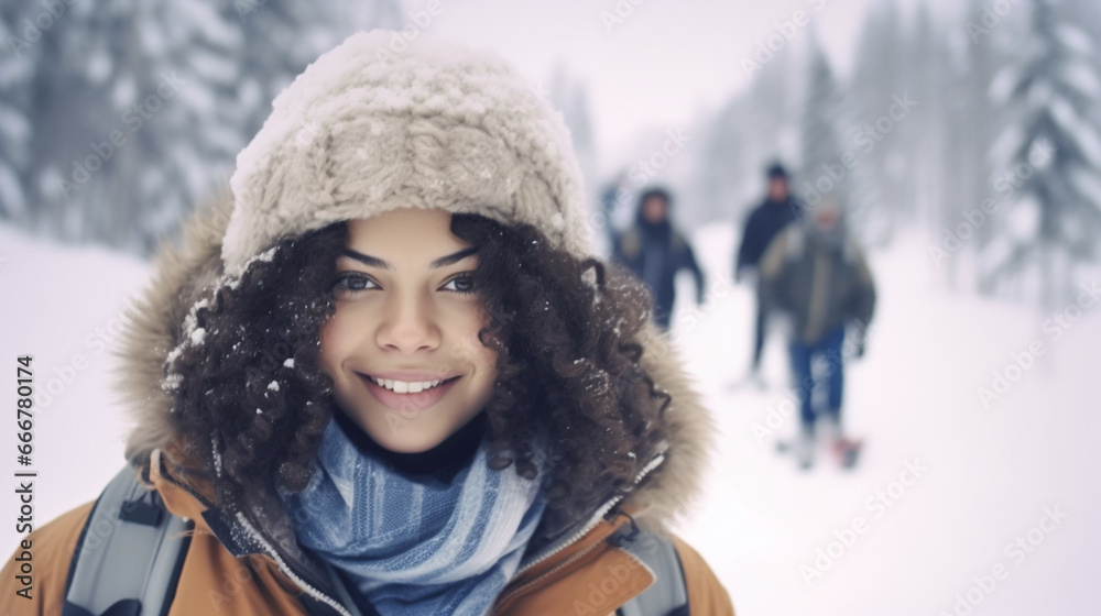 Young african-american woman in brown coat and blue scarf enjoys snowy day with others, radiating warmth and joy in a wintry setting Young african-american woman in brown coat and blue scarf enjoys snowy day with others, radiating warmth and joy in a wintry setting