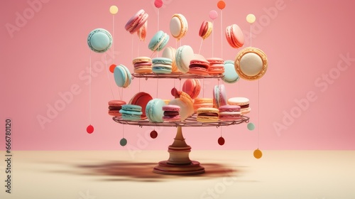  a three tiered cake stand filled with macaroons.  generative ai