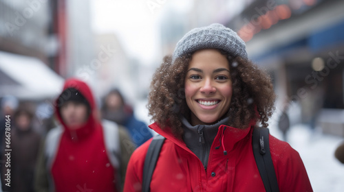 Young African-American woman in red jacket and grey hat smiles, walks snowy city street with a crowd, embracing winter's charm. © wetzkaz