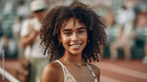Young African-American woman with curly hair enjoys tennis court with a joyful crowd, radiating happiness in a lively setting.