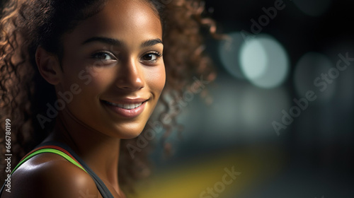 Young woman with curly hair, possibly of African descent, smiles in a black tank top, illuminated by night, exuding confidence and positivity