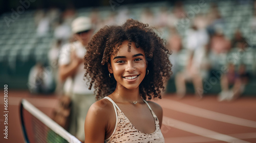 tennis, Young African-American woman smiles on a tennis court with a racket, enjoying an active and fun outdoor game. © wetzkaz