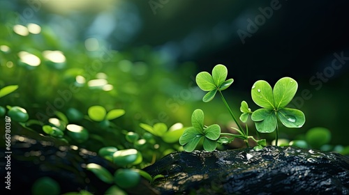  a group of four leaf clovers on top of a rock. generative ai