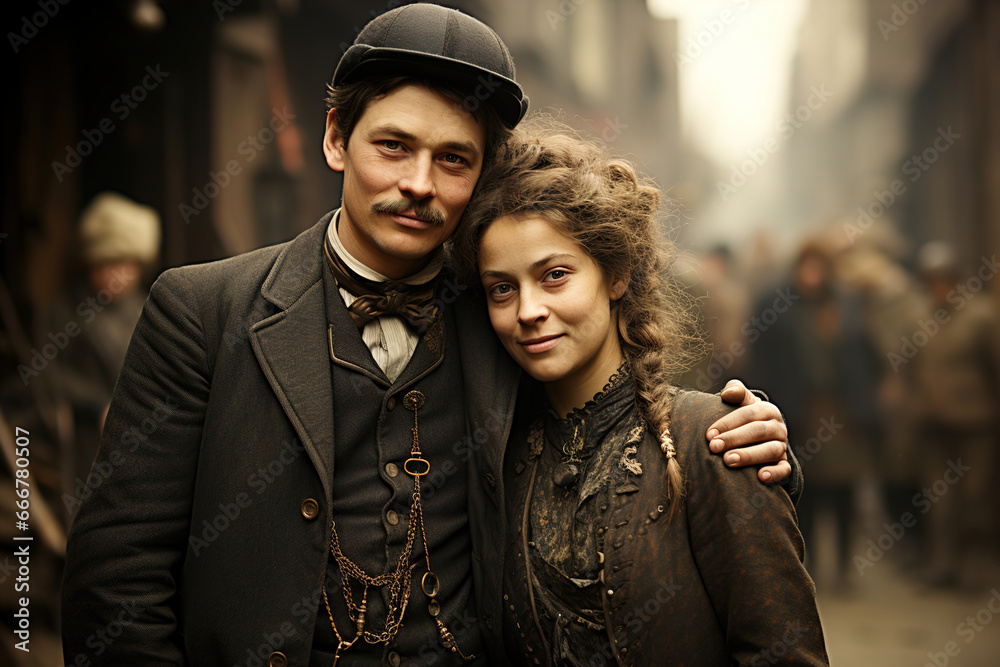 A man and a woman standing next to each other. Old vintage victorian black and white photo from big city street.