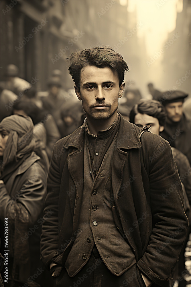A man standing in front of a crowd of people. Old vintage victorian black and white photo from big city street. A man standing in front of a crowd of people. Old vintage victorian black and white photo from big city street.
