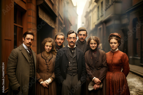 Family standing next to each other on the street. Old vintage victorian black and white photo from big city street.