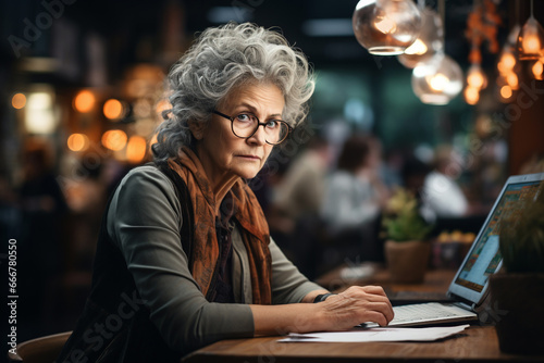 Old people and technology. Mature middle aged senior woman using laptop working on computer in cafe. Concentrated old businesswoman distance applicant, aged seeker searching job online, blogger writer