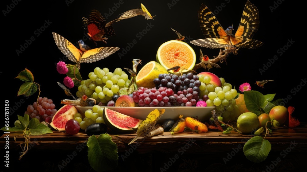  a bowl of fruit is surrounded by butterflies and butterflies on a table.  generative ai