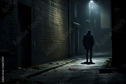 suspicious man in a dark alley waiting for something photo