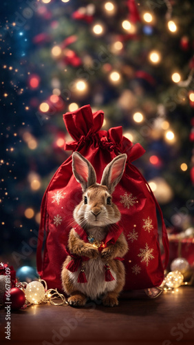 Hare with a big red bag of New Year's gifts. Generative AI.