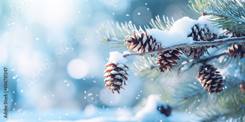 Christmas snowy winter holiday celebration greeting card - Closeup of pine branch with pine cones and snow with blue sky and bokeh lights and snowflakes