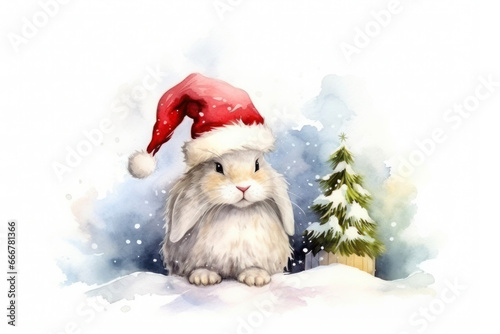 Watercolor white rabbit with santa hat in snow landscape isolated on white background