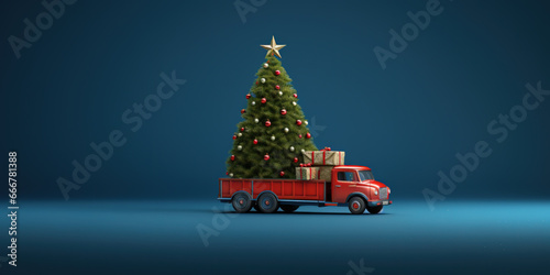 Old truck arriving with fresh Christmas tree on dark blue background with copy space photo