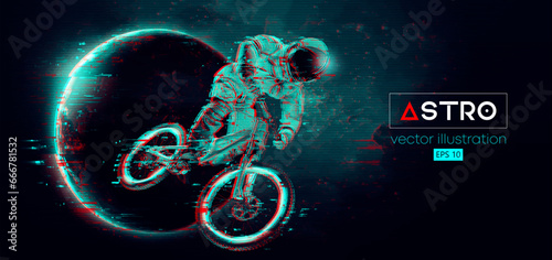Abstract silhouette of a mtb rider, astronaut is doing a trick, on sport bicycle in space action and Earth, Mars, planets on the background of the space. Mountain cycling sport transport. Vector