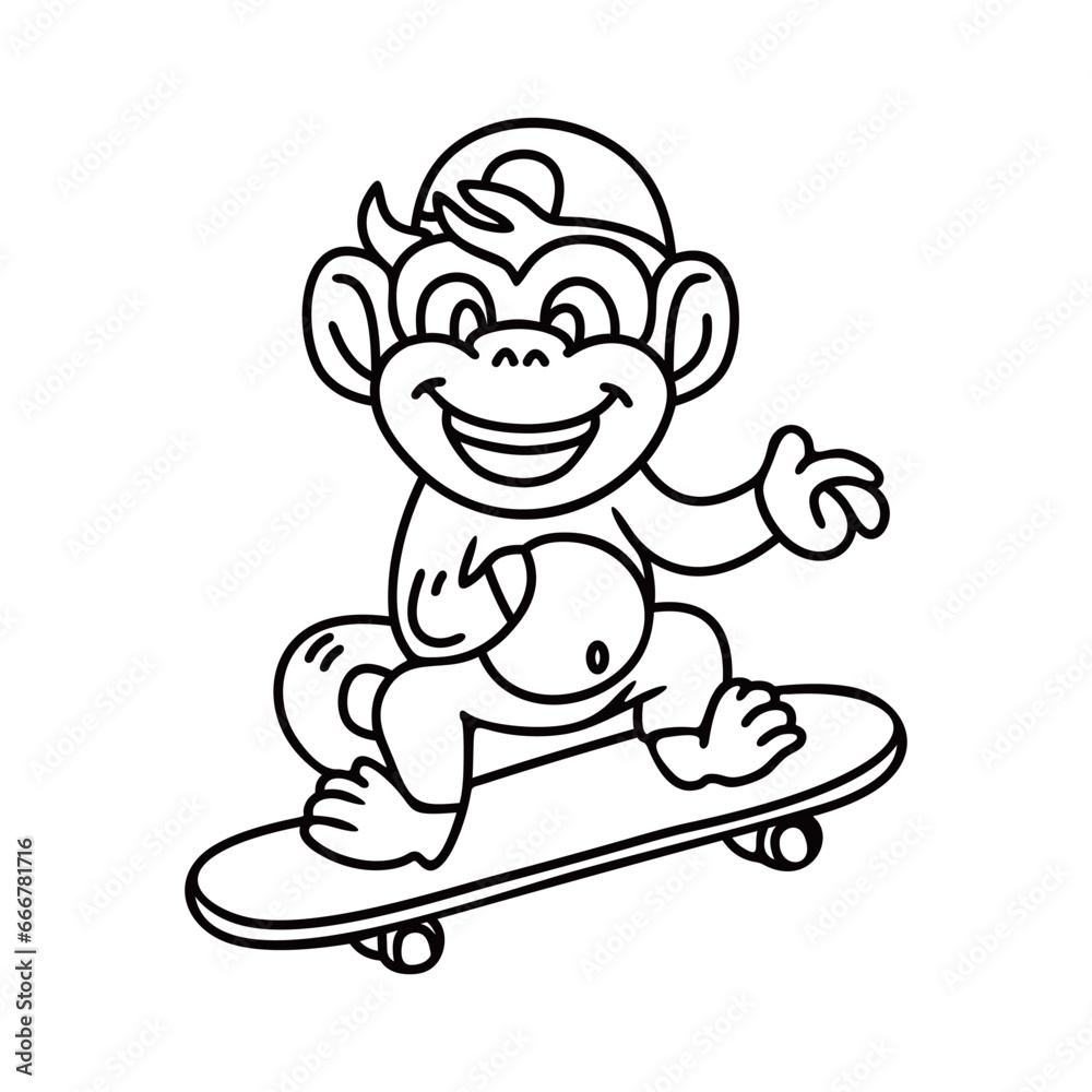 Monkey rides on a skateboard waving line art Monkey rides on a skateboard waving line art