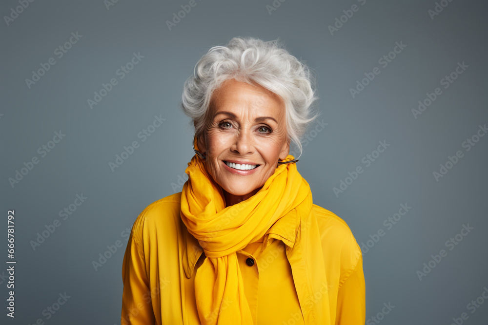Positive happy senior concept. Studio portrait of smiling friendly welcoming beautiful caucasian woman, middle-aged grey haired lady wearing brown coat and black scarf posing on dark gray background Positive happy senior concept. Studio portrait of smiling friendly welcoming beautiful caucasian woman, middle-aged grey haired lady wearing brown coat and black scarf posing on dark gray background
