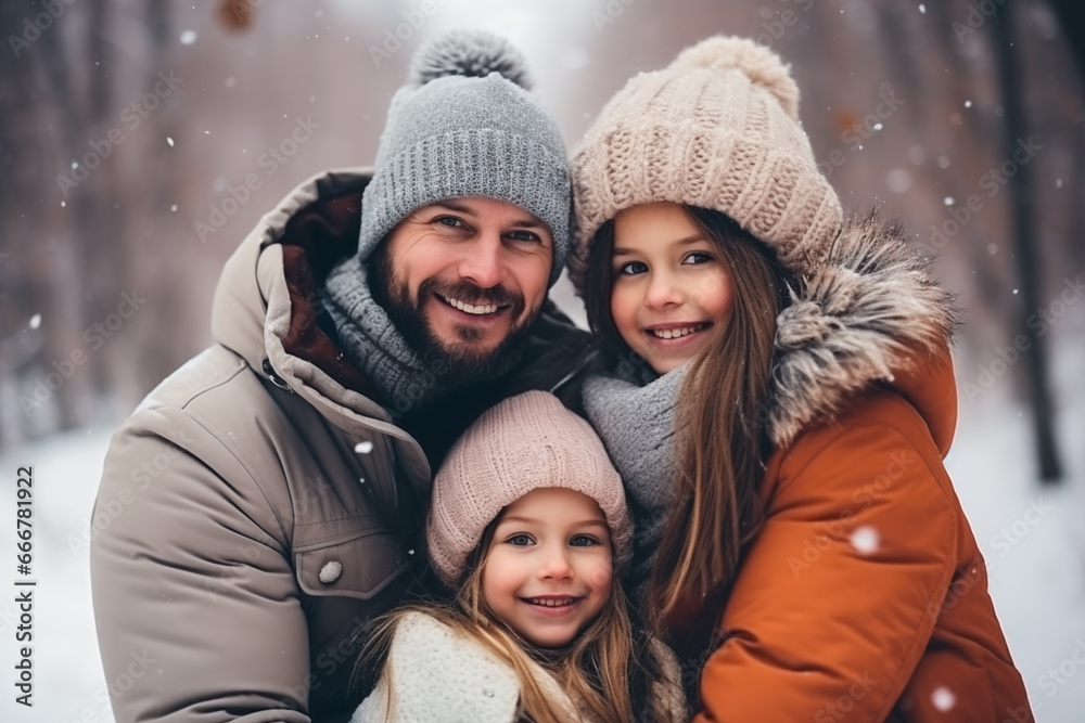 Family in a good mood in winter, Christmas and new year concept