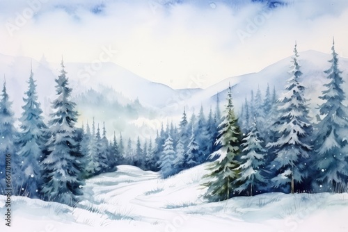 Mountains, christmas winter forests in a watercolor scene, new year landscape © Enigma