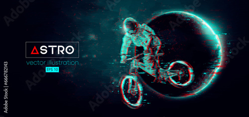 Abstract silhouette of a mtb rider, astronaut is doing a trick, on sport bicycle in space action and Earth, Mars, planets on the background of the space. Mountain cycling sport transport. Vector