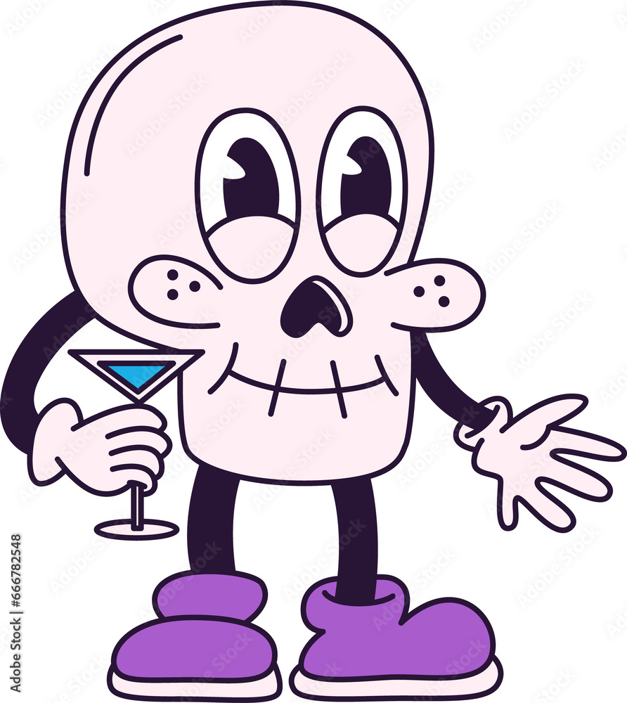 Obraz premium Spooky skull vintage toons, funny character, trendy classic retro cartoon style. Happy Halloween. Contour illustration isolated on transparent background.