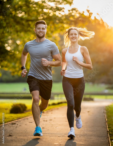 a backlit couple man and woman jogging running in a park with soft focus bokeh and shallow depth of field in a park at sunset sunrise