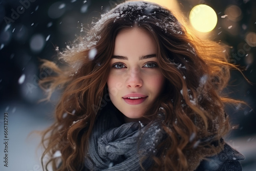 Woman in a good mood in winter, Christmas and new year concept