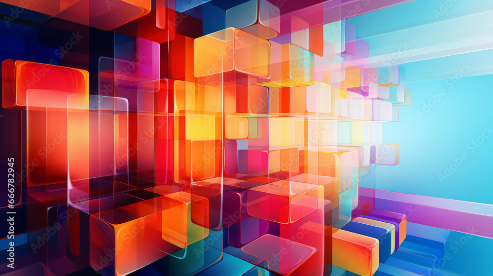 A vibrant geometric composition of squares and rectangles in various colors