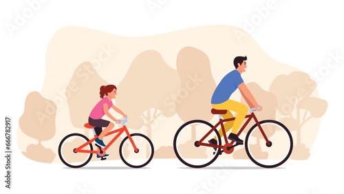 Vector illustration of a happy boy and girl riding bicycles. Cartoon scene of a boy and a girl riding bicycles in the park with tree silhouettes isolated on white background.