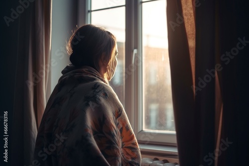 woman wrapped in a blanket looking out the window
