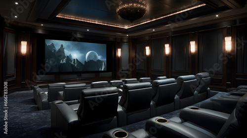 A home theater with tiered seating ambient lighting and a massive screen playing an action-packed movie. Surround sound speakers are cleverly hidden around the room.