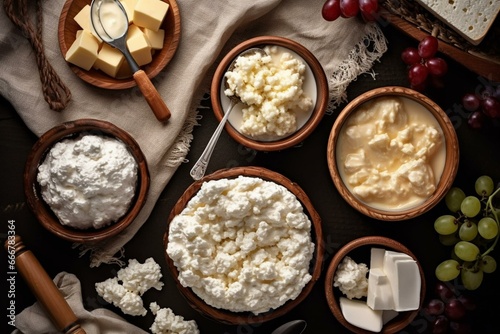 Overhead shot of a table filled with bowls of cottage cheese and butter. Generative AI
