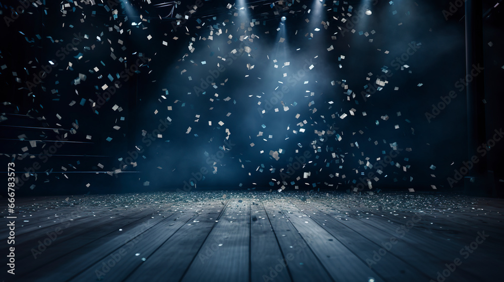 Festivity illustration with navy blue sparkling confetti raining on empty stage with beam of light. Empty room on festive stage with blue confetti. - obrazy, fototapety, plakaty 