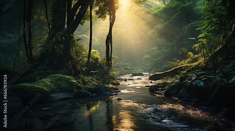 amazon rainforest with tropical vegetation, a creek runs through a mysterious jungle, a mountain stream in a lush green valley - obrazy, fototapety, plakaty 