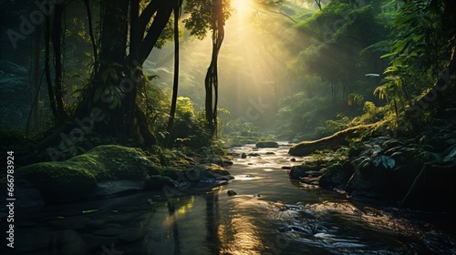 Foto amazon rainforest with tropical vegetation, a creek runs through a mysterious ju