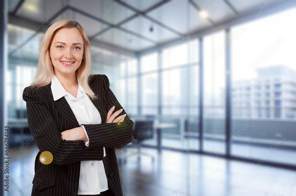 Portrait of successful young business woman posing on background, AI generated image Portrait of successful young business woman posing on background, AI generated image
