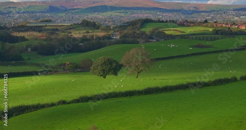 Aerial video of Tandle Hill landscape showing green fields and sheep grazing. Beautiful Vista photo