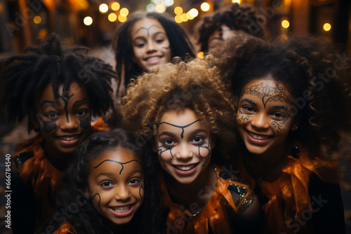 Group of happy teenager girls with colored face paint makeup and Halloween costumes take photo on street on Friday 13, having fun on Day of the Dead, Dia de los muertos 31 of October carnival © Valeriia