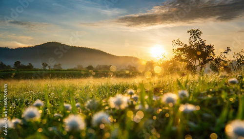 Sunrise Over Meadow A Scenic Beauty with Golden BokehSunrise Over Meadow A Scenic Beauty with Golden Bokeh