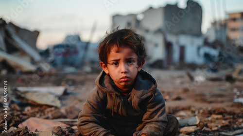 sad boy in demolished war ravaged cityscape