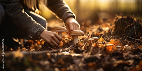 Hands Skillfully Removing a Mushroom from the Earth, Embracing the Culinary Adventure of Foraging for Edible Fungi in the Heart of the Forest