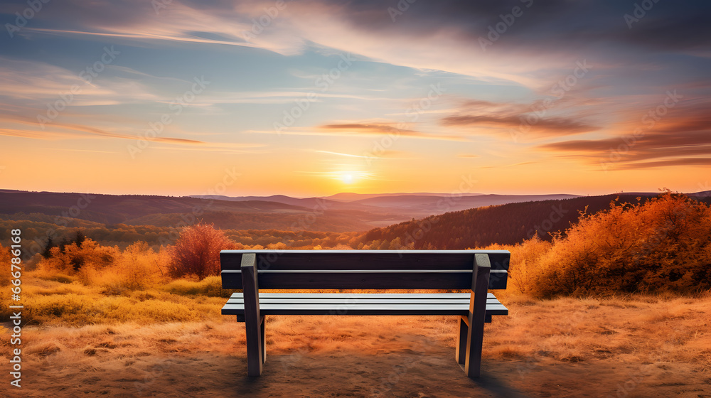 A wooden bench overlooking a vast valley the landscape bathed in the golden hues of sunset. - obrazy, fototapety, plakaty 