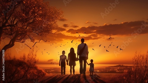 Happy family: mother, father, children son and daughter on sunset