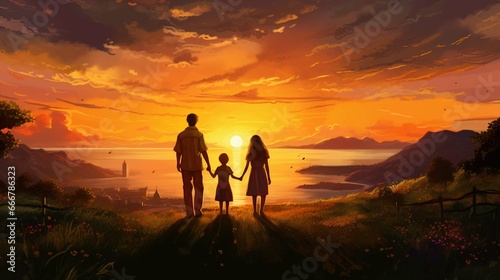 Happy family  mother  father  children son and daughter on sunset
